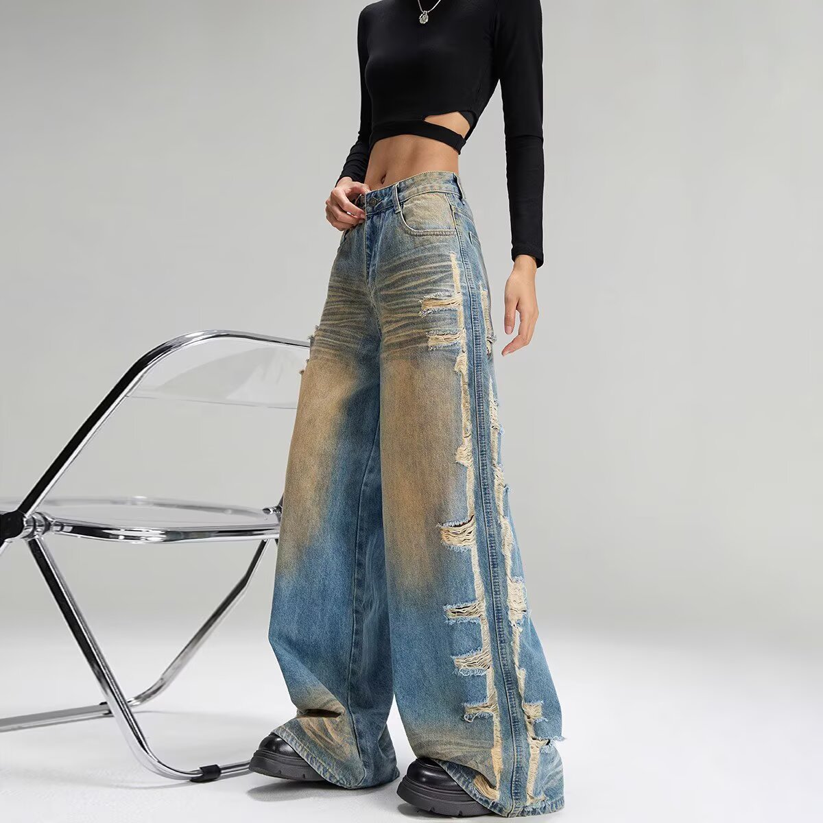 Unisex High-Waisted Wide Leg Jeans Vintage Washed Blue Distressed Artful Rips Bleached 90s Streetwear Revival Non-Stretch Cotton_mkmklike.com