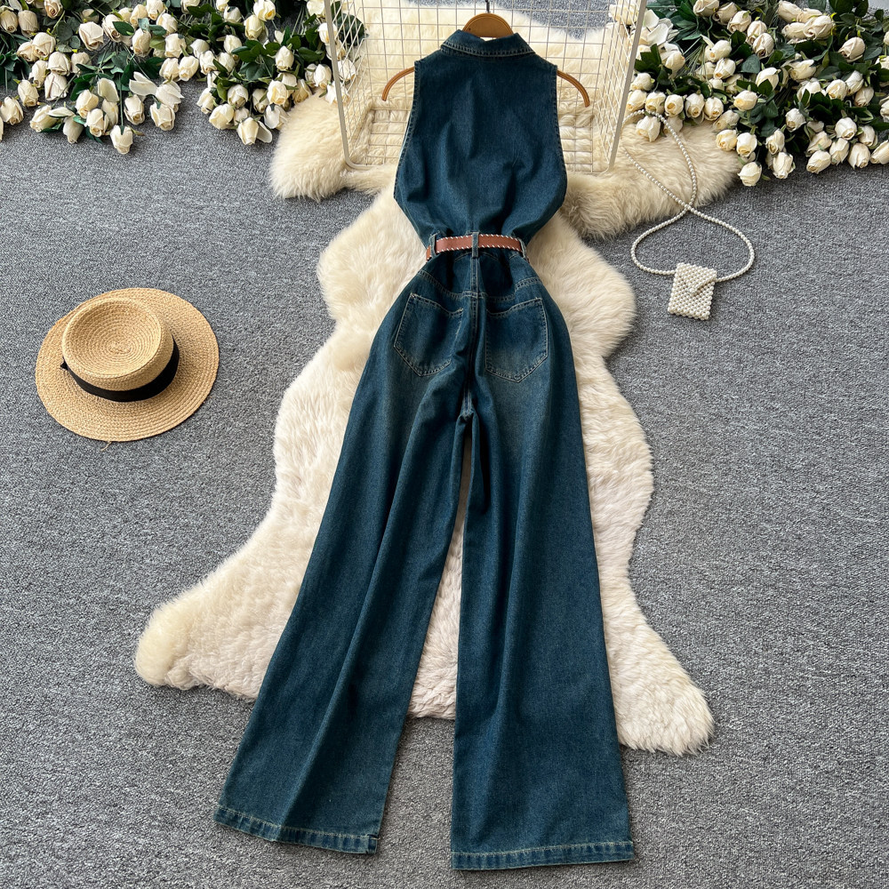 Retro High-Waisted Slimming Wide Leg Jumpsuit For Women Sleeveless Collared Sexy American Style Summer Fashion_ecoleips.com