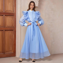法式复古风波点荷叶边拼接长袖浅蓝色长裙2025秋季新款女装连衣裙