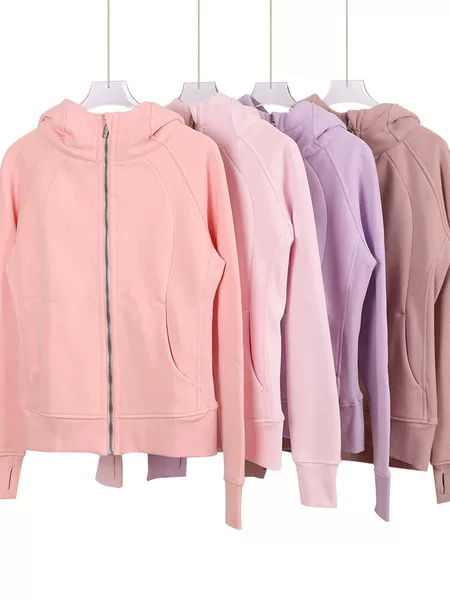 LULUSU European and American style full-zip hooded jacket with thumb holes on the cuffs, pockets, short length, fleece-lined, for fitness and casual wear