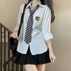 蓝色条纹衬衫上衣女春秋外穿百搭学院风韩系衬衣jk制服百褶裙套装