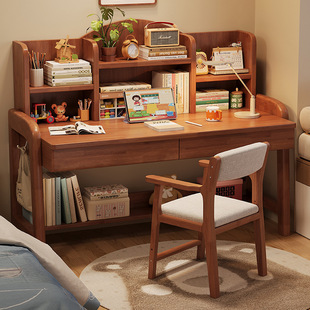 Solid Wood Desk Manual Adjustable Desk Middle School Student Desk Bedroom Home Simple Desk Bookshelf Desk + Writing Chair