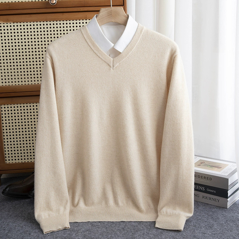2024 New Autumn and Winter Men's V-Neck Pullover Knitwear Loose Slim Round Neck Cardigan Pure Color Bottoming Knitwear