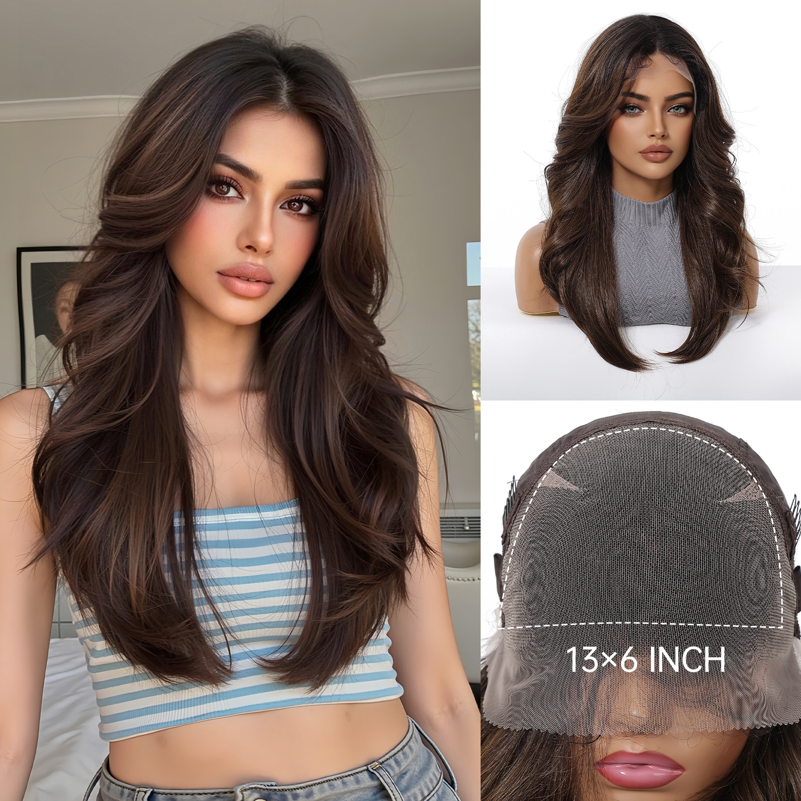 13*6 peluca de encaje de área grande, capa de viento perezoso diario, degradado, marrón oscuro, cabello medio largo, cubierta de fibra química completa