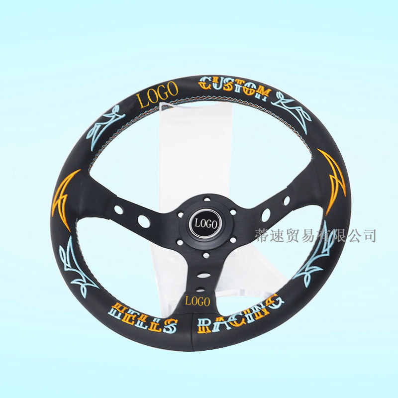 Cross-Border Bestseller 13inch Modified Quick-Release Racing Steering Wheel, Ultra-Fiber Leather, Universal Genuine Leather, Large Concave Embroidered Steering Wheel