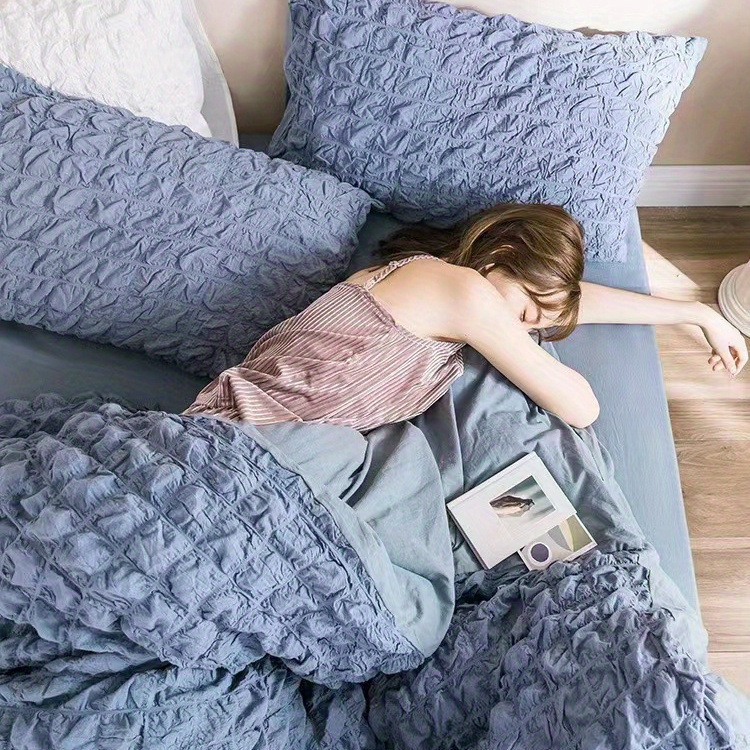 Ins Simple Small Fresh Pure Color Square Bubble Quilt Cover Bedding Four-Piece Set Bed Sheetss Dormitory Bed Three-Piece Set