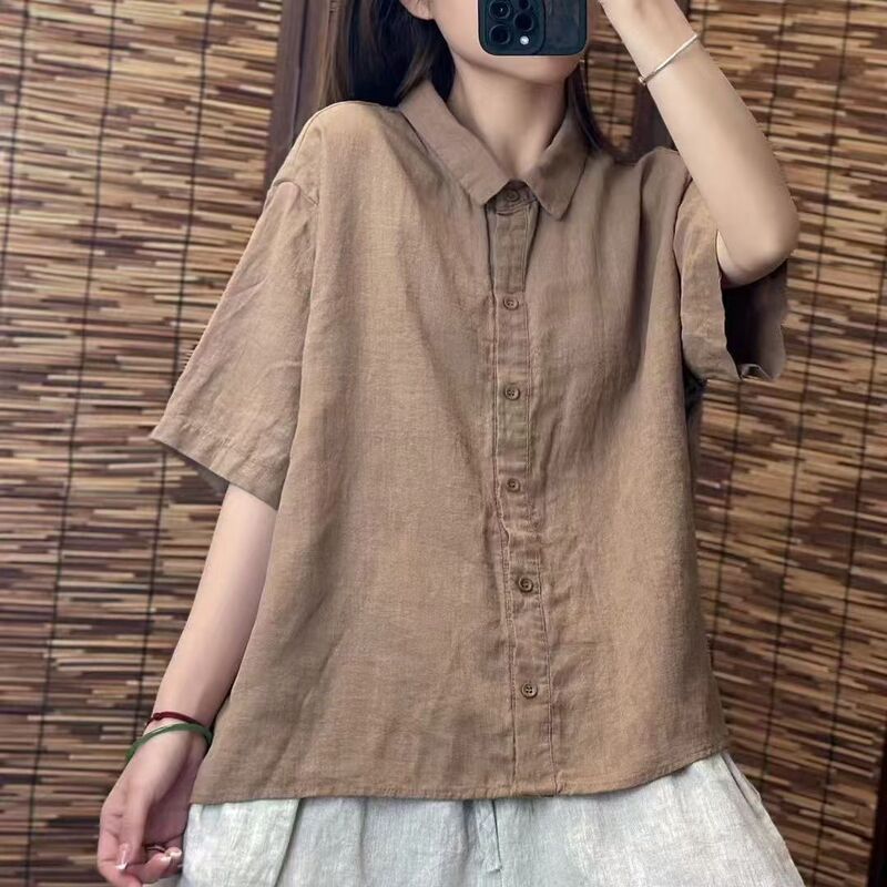 棉麻衬衫女夏季新款文艺复古风气质通勤纯色百搭翻领宽松短袖上衣|undefined