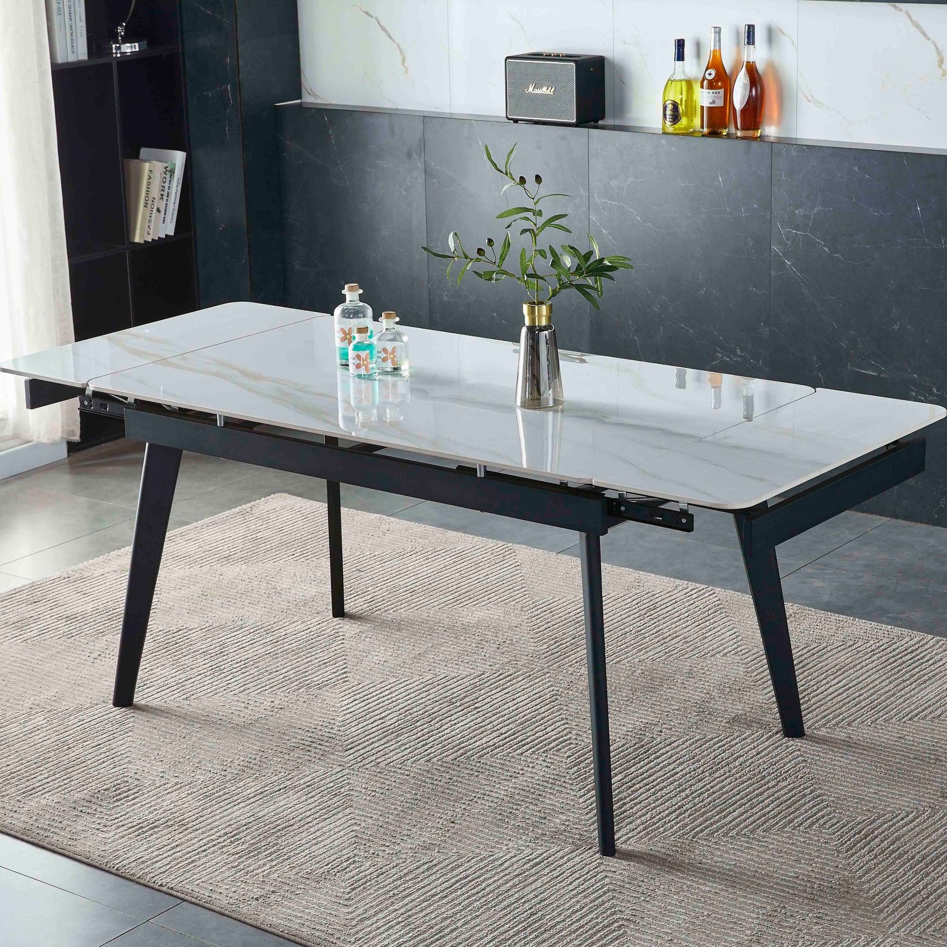 mesa de comedor nórdica alta sensación mesa de comedor de pizarra retráctil plegable rectangular mesa de negociación de viento crema image 3