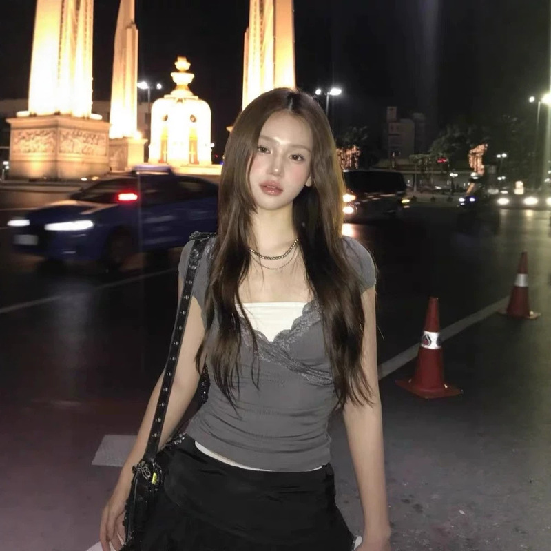 In Stock: Asa Same Style Lace Slim-Fit T-Shirt 2026 Summer Women's Korean Style V-Neck Ruched Spicy Girl Short-Sleeve Top