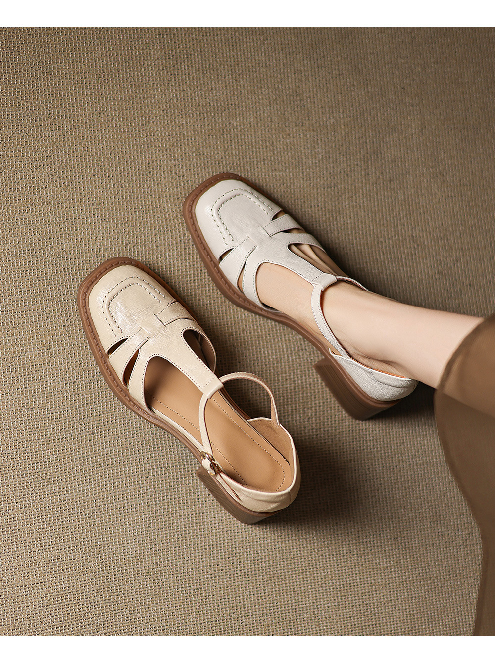 Sandal nữ quai hậu da thật dệt kiểu retro, gót dày, mũi nhọn, đế mềm — Màu trắng nhạt chi tiết 2