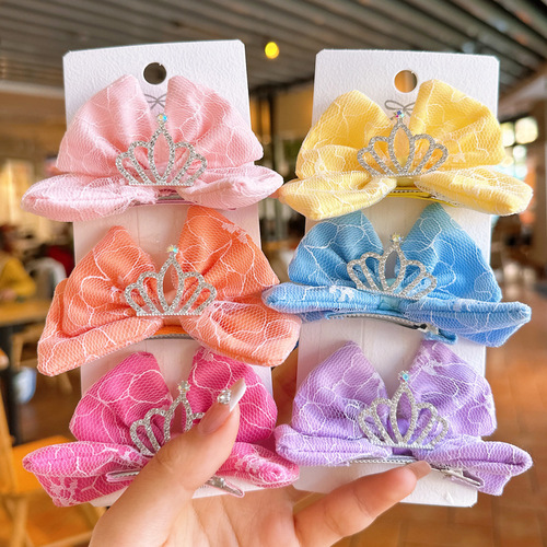 Children's Lace Elsa Princess Crown Bow Hair Clip Headwear Girls Baby Hair Clip Girls Three-dimensional Top Clip