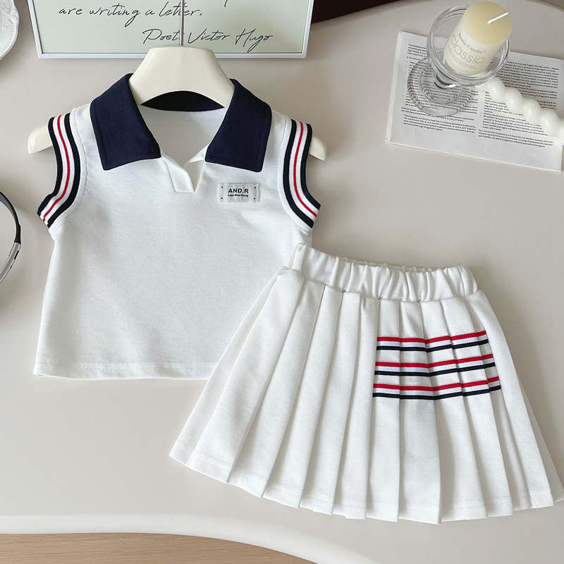 Girls' Preppy Style Polo Collar Sleeveless Vest Set, Thin Style, 2026 Summer New Fashion Pleated Skirt Two-Piece Set