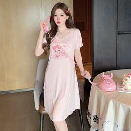 睡衣女夏细螺纹莫代尔棉粉色猫咪印花舒适短袖中睡裙胸棉家居服