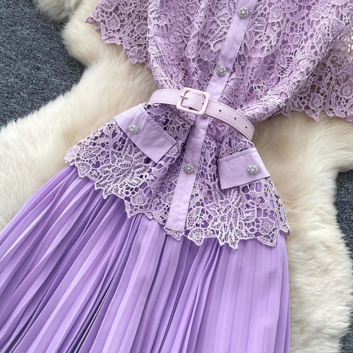 Elegant A-Line Dress Lace Trim Slimming Pleated Long Skirt Casual Professional Summer Dress For Women_ecoleips.com