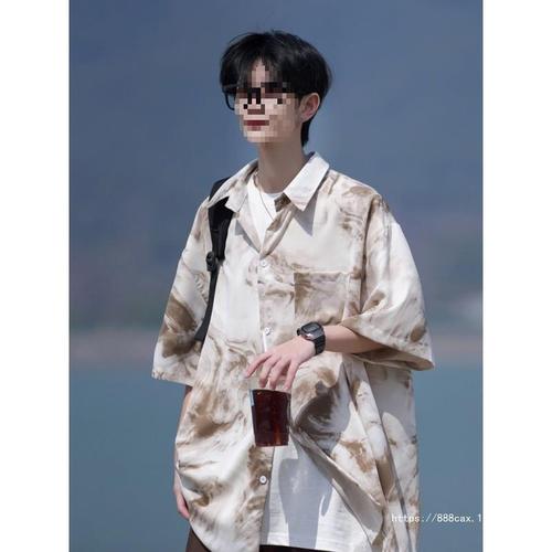 Hawaiian Beach Shirt Men's Short Sleeve Summer American Retro Tie-Dye High-End Cool Gangster Chiffon Floral Shirt