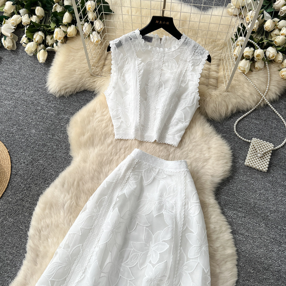 French Style Lace Openwork Two Piece Vest And Skirt Set Elegant_voghion.com