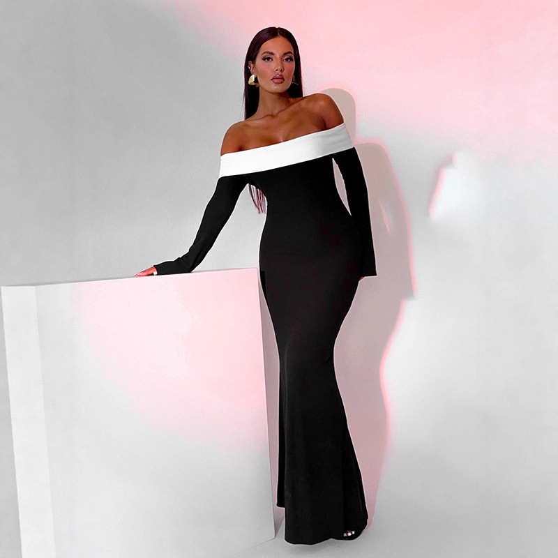 Comercio exterior invierno de estilo europeo y americano nueva moda de mujer color contraste de hombro delgado mangas largas vestido de cola de pez mujer image 5