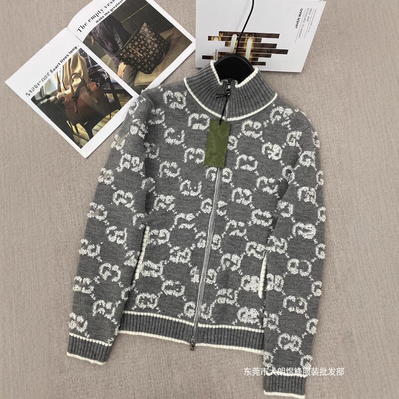 High Version Nanyou g Family 25 Autumn and Winter New Towel Embroidered Stand Collar Zipper Double g Full Printed Knitted Wool Cardigan Women's Clothing