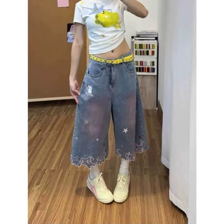 大码星星动物刺绣七分牛仔裤子女款胖mm2026夏季新款晕染小众短裤