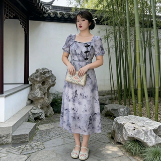 120-350斤加大码女装水墨画连衣裙春夏款微胖女士收腰方领雪纺裙