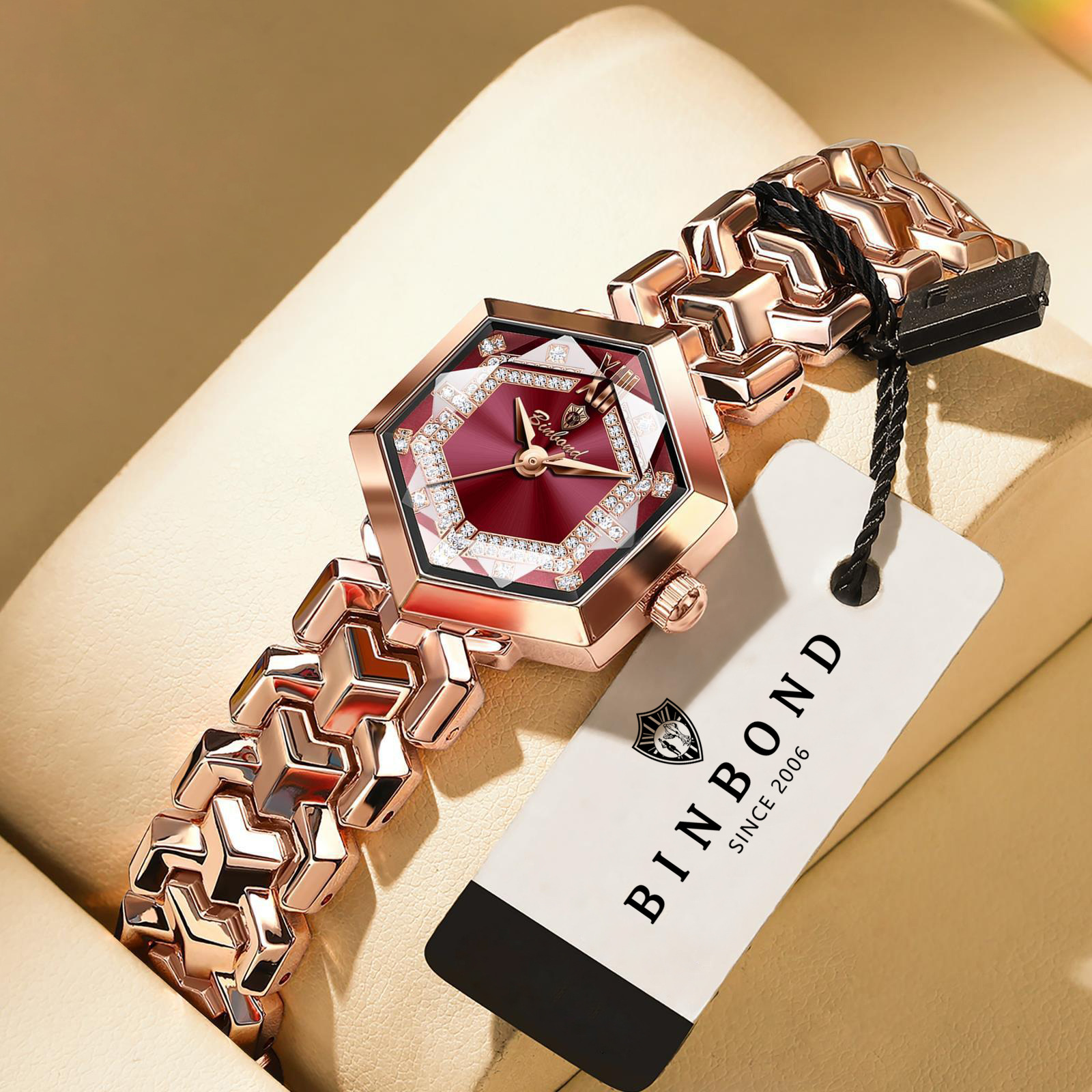 Binbond Binbang 2025 New Accessible Luxury Niche Octagonal Stereo Glass Small Gold Watch Quartz Waterproof Women's Watch