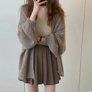Mid-Length Lantern Sleeve Mohair Knitted Cardigan Jacket for Women in Summer Loose and Lazy Thin Shawl Outer Top
