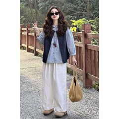 日系学院风简约条纹牛仔马甲搭配木耳花边格纹衬衫白裤子三件套装