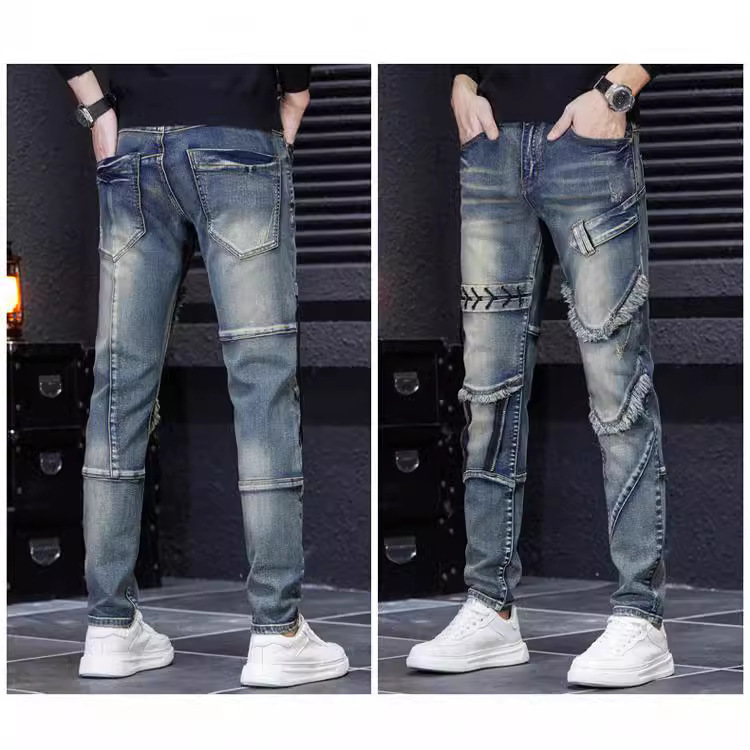 Fall 2022 new street fashion men's jeans stitching slim scraping ripped beggar small straight mid-waist pants Fall 2022 new street fashion men's jeans stitching slim scraping ripped beggar small straight mid-waist pants