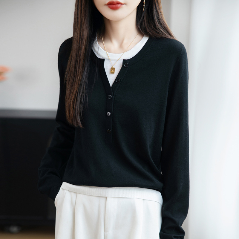羊毛混纺2025秋冬新款女士宽松圆领拼色假两件套头上衣打底针织衫|undefined