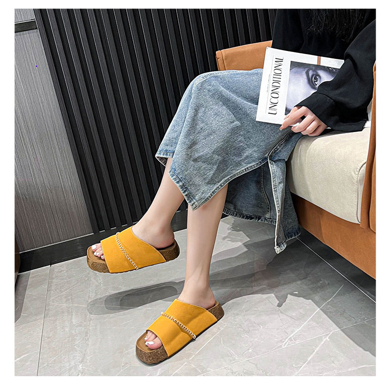Dép sandal nữ quai ngang đế dày bằng gỗ bần, mũi vuông, đi ngoài trời — Màu khoai môn, Màu vàng gừng, Màu xám nhạt chi tiết 18