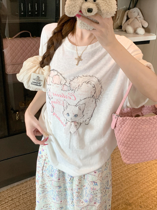 リアルショット 200 グラムスノーフレークリネン半袖 Tシャツ夏 2025 新しいリボンルーズラウンドネックトップ韓国スタイルの婦人服|undefined