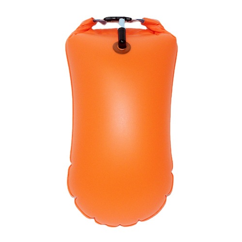 Air-inflatable swimming float with storage for manufacturer's single airbag, follow-me ball, waterproof drifting swimming bag