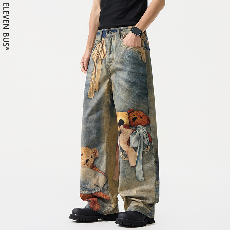 Teddy Bear Luxury Trendy Loose Men's Denim Stacked Pants, Niche Design, Versatile Casual Straight Wide-Leg Pants for Men