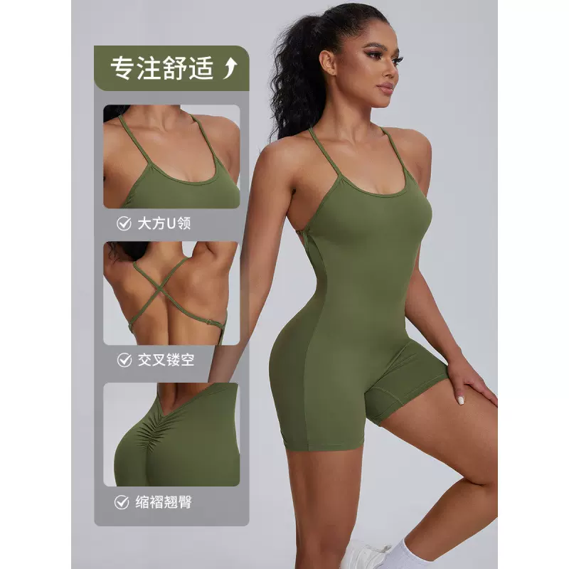 欧美性感吊带运动连体服一体式休闲跑步提臀健身服紧身显廋瑜伽服