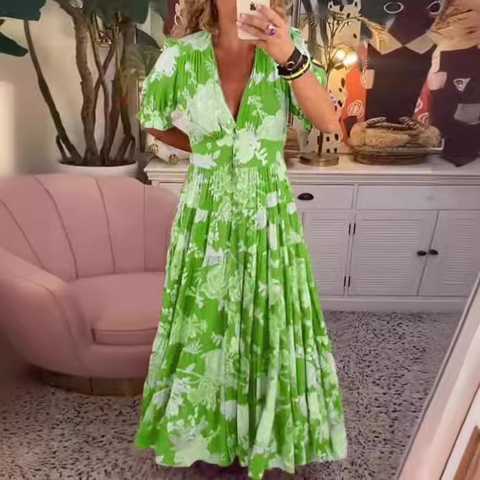 2024 New Large Size Super Fairy High Elastic V Neck Floral Dress Seaside Vacation Beach Skirt Loose Long Skirt