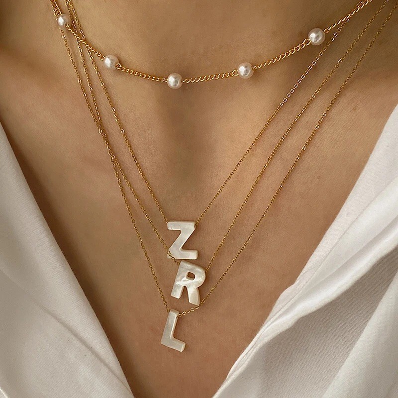 Fashionable Retro French Natural Shell English Letters Titanium Steel Thin Chain Waterproof Versatile Simple Clavicle Chain Necklace for Women