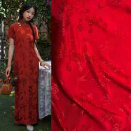 新款喜上眉梢人丝人棉提花面料 新中式中国红圣诞旗袍汉服布料