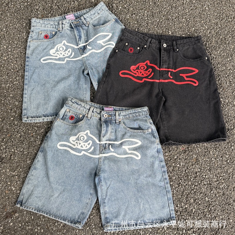 Bbc American-Style Running Dog Ice Cream Flying Dog Print Denim Shorts Street Hip-Hop Straight-Leg Shorts for Men Bbc American-Style Running Dog Ice Cream Flying Dog Print Denim Shorts Street Hip-Hop Straight-Leg Shorts for Men