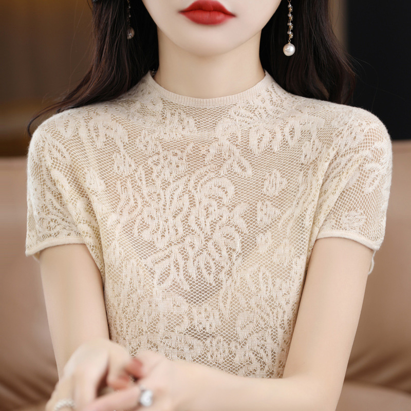 Worsted wool lace half turtleneck short sleeve women's summer new elegant thin hollow knitted bottoming T-shirt top