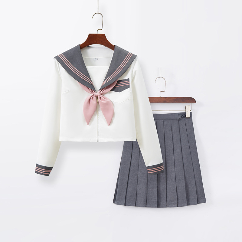Manufacturer Wholesale Sailor Suit Jk Uniform Skirt Suit New Gray Three-Piece Long-Sleeved Pleated Skirt Preppy Style Kansai Lapel Full Set