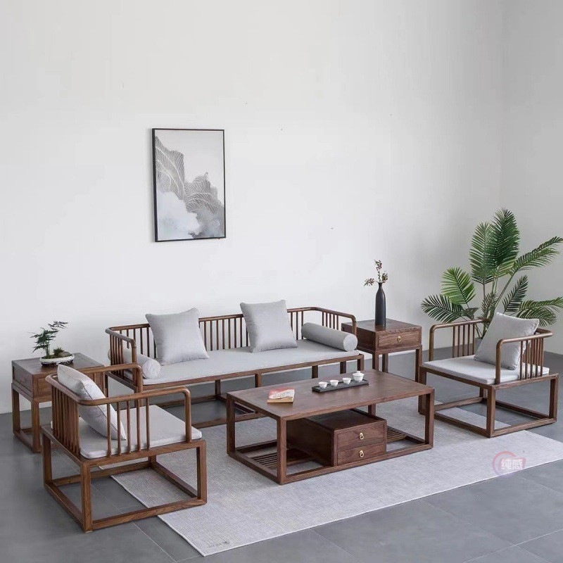 新中式沙发组合老榆木禅意实木茶几简约现代别墅客厅家具小户型