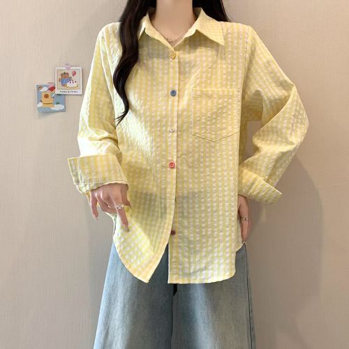 Korean-style fresh blue checkered women's spring and summer loose layering casual long-sleeved sun protective top