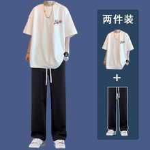 男直筒裤潮夏季T恤短袖套装ins潮流直筒长裤一整套两件学生运动装