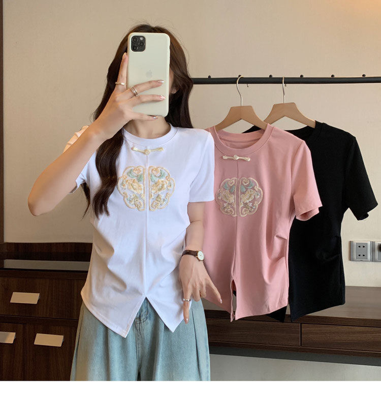2024 Summer Embroidered Split Short Sleeve Design T-shirt New Chinese style High end Bottom Top_voghion.com