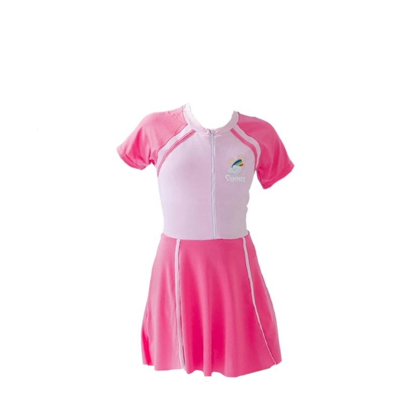 Traje de baño para niños 2025 nueva falda de una pieza a juego de color para niñas, protector solar, traje de baño profesional de aguas termales para niñas de secundaria