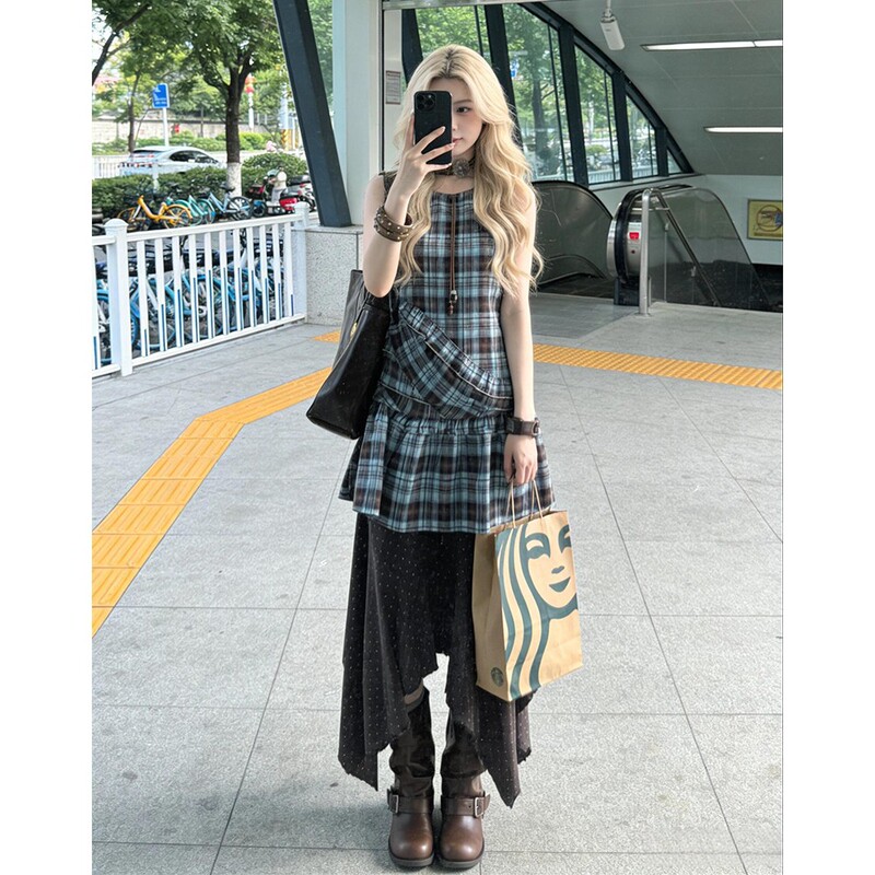 Vsrs High-End Elegant Plaid Vest Dress for Women, Summer Polka Dot Skirt Set for Petite Figures Vsrs High-End Elegant Plaid Vest Dress for Women, Summer Polka Dot Skirt Set for Petite Figures