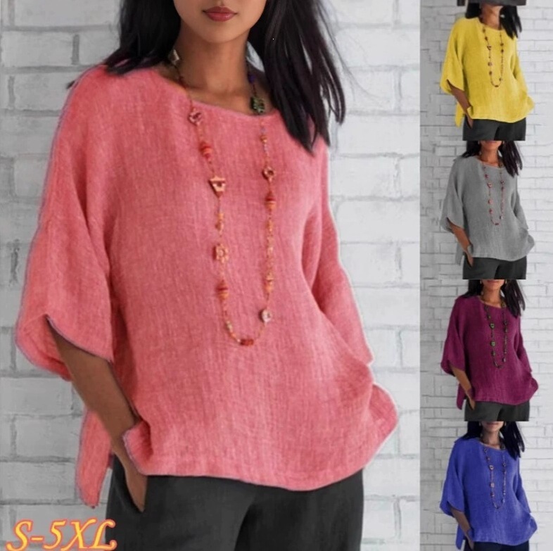 In-Stock Vintage Shirt 2026Eaby Amazon New Foreign Trade Women's Clothing Three-Quarter Sleeve Round Neck Cotton Linen Shirt Top