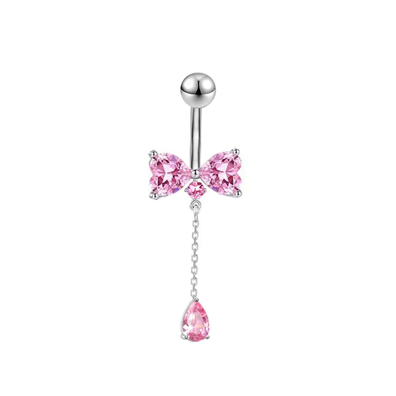 Stainless Steel Belly Button Ring With Pink Zircon Flower Charm_voghion.com