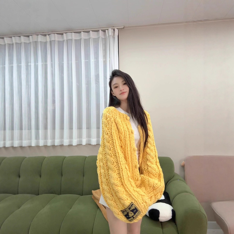 High Quality 2025 Autum New Ethnic Style Hand-Woven Lazy Style Pear Yellow Cardigan Sweater Jacket for Women