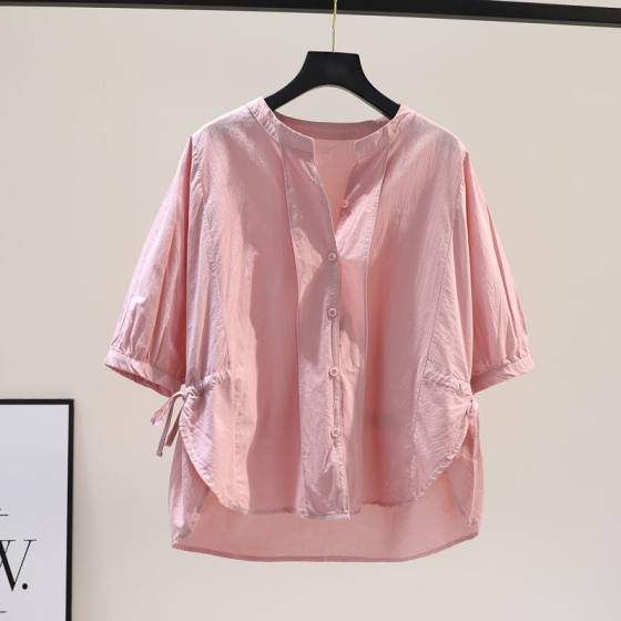 2024 light blue waist thin cotton shirt women's side split front short back long half sleeve shirt thin top